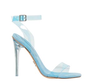 Women's blue perspex stiletto high heel with wide ankle strap and buckle. Fling by Windsor Smith - side view